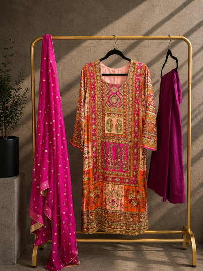 Traditional embroidered dress with pink dupatta on a gold rack against a neutral wall.